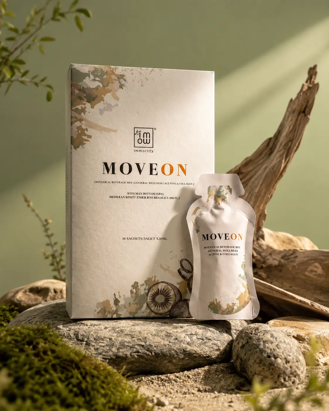 MoveOn botanical beverage box and liquid sachet
