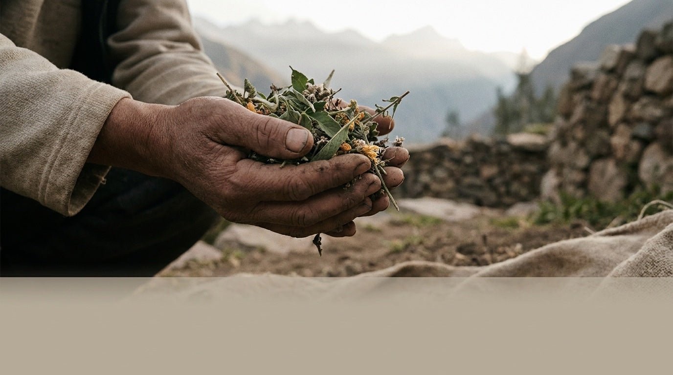 Hands holding freshly gathered botanicals
