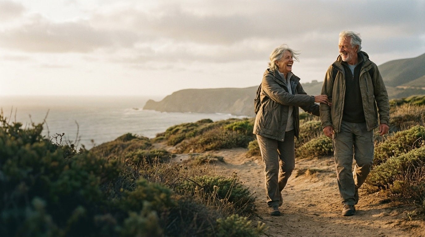 An older couple walking together in an open landscape