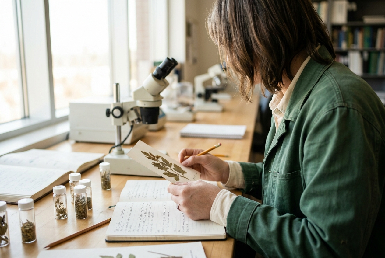 Researcher studying botanical samples