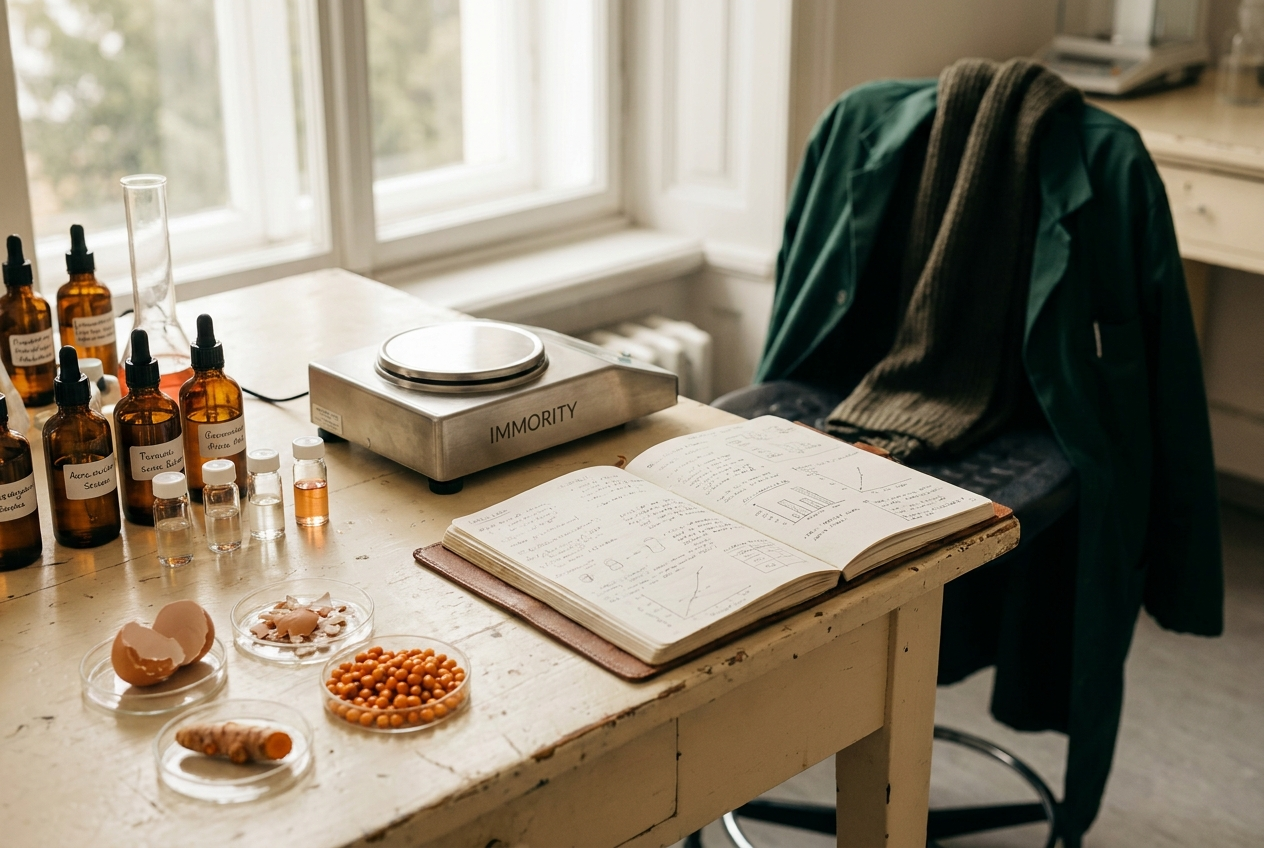 A research bench with ingredients and a precision balance