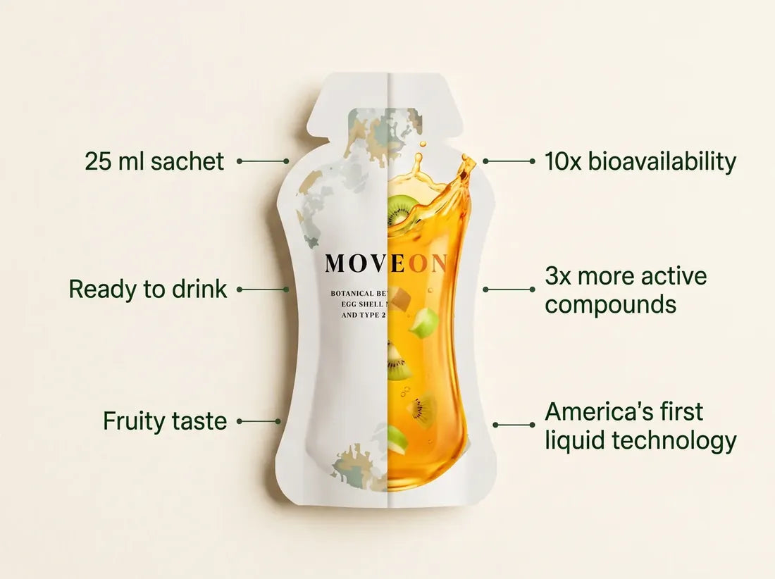 MoveOn sachet split open showing the fruity liquid inside, with labels